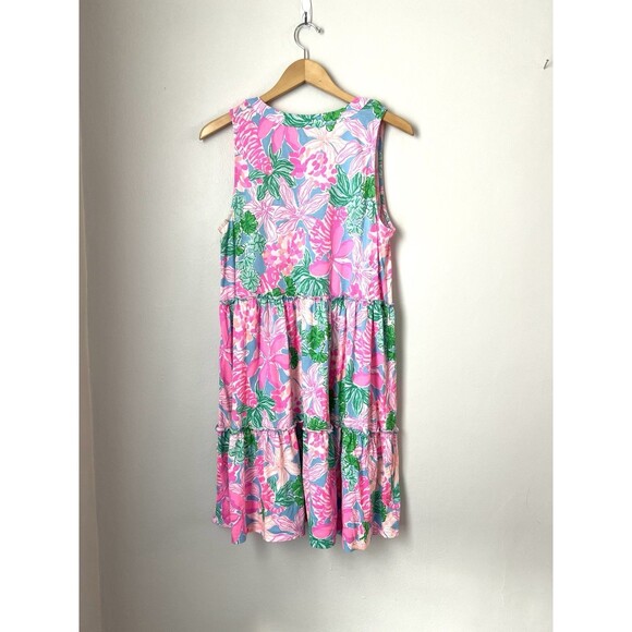 Lilly Pulitzer Lorina Tiered Swing Dress Multi Tigers Lair Cotton Floral Pink L - Picture 4 of 5